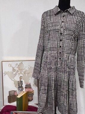 Calvin Klein Black and White Grid Long-Sleeve Shirt Dress